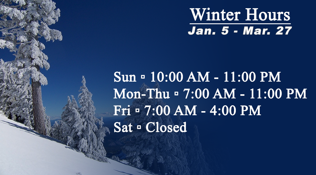 Winter library hours displayed on a deep blue sky background with snow in the foreground