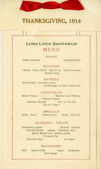 Menu, Circa 1914 from Loma Linda Sanitarium