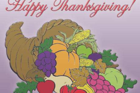 Text Happy Thanksgiving with an image of a cornucopia spilling fruits and vegetables