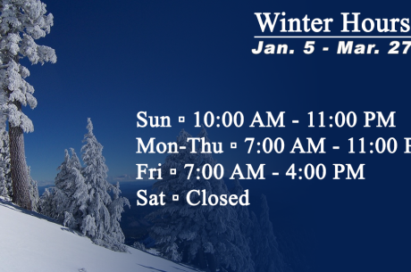 Winter library hours displayed on a deep blue sky background with snow in the foreground