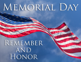 Word: Memorial Day - Remember and Honor; American Flag over a background of a blue, cloud sky