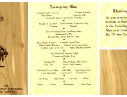 Thanksgiving dinner menu, 1938. Menu is printed on separate sheet of paper affixed to inside of card-stock folder