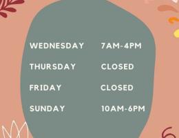 Thanksgiving 2020 hours: Wednesday 7am - 4pm; Thursday and Friday closed, Sunday 10am - 6pm